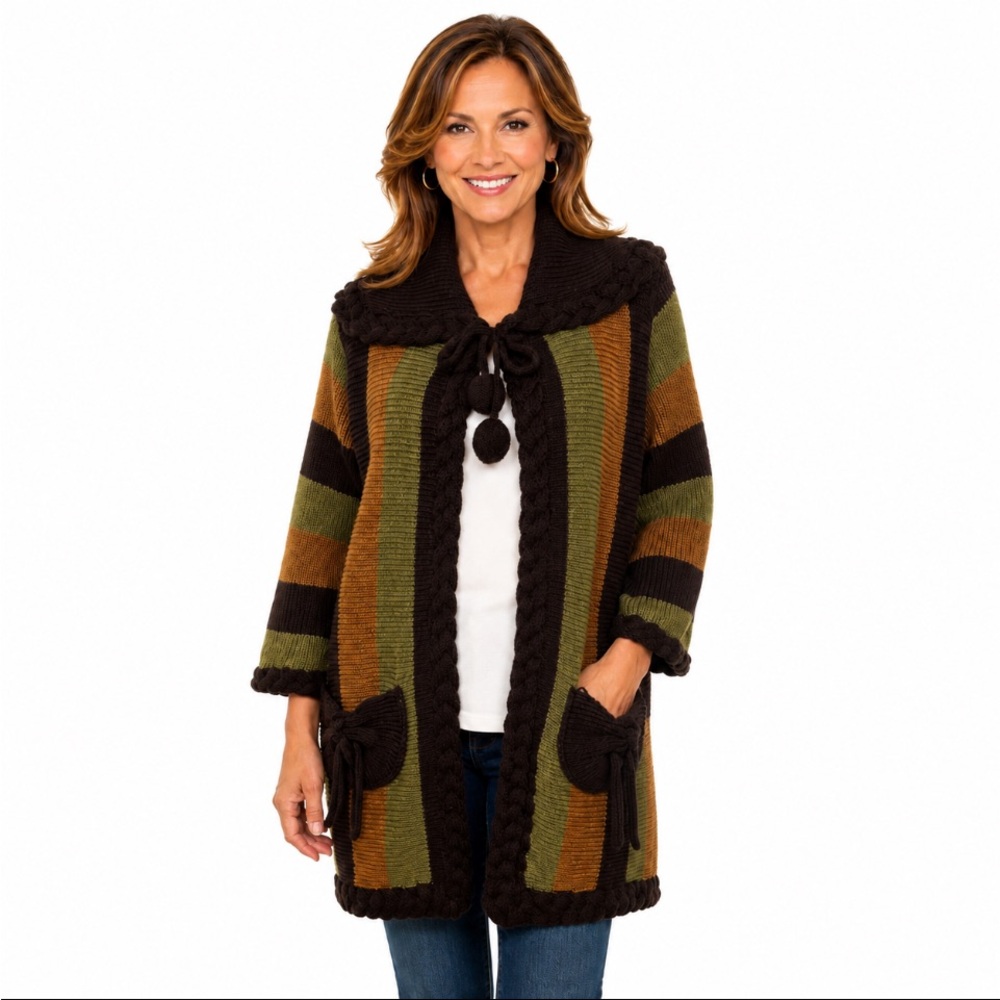 Boho Striped Chunky Knit Long Cardigan – Olive, Brown & Mustard with Pom-Pom Tie